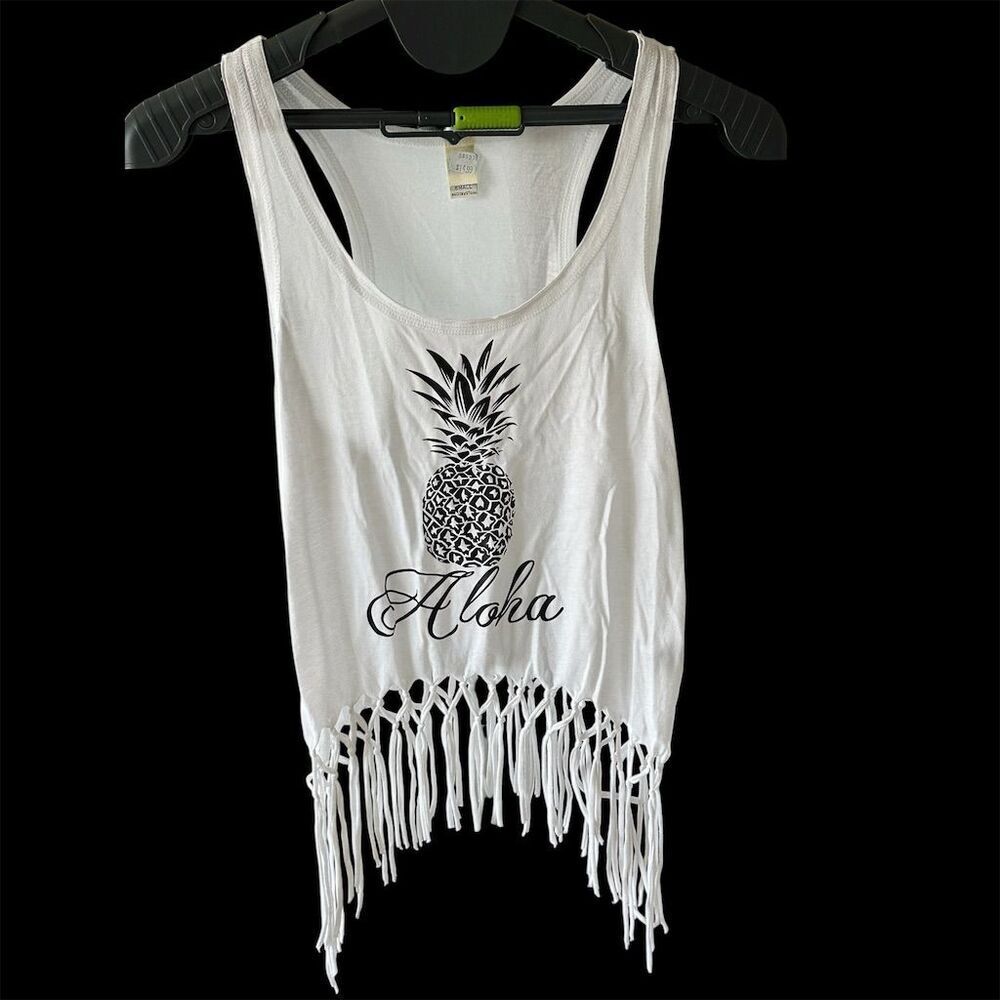 Kavio Women's White Fringe Tank Top Aloha Pineapple Summer Casual S
